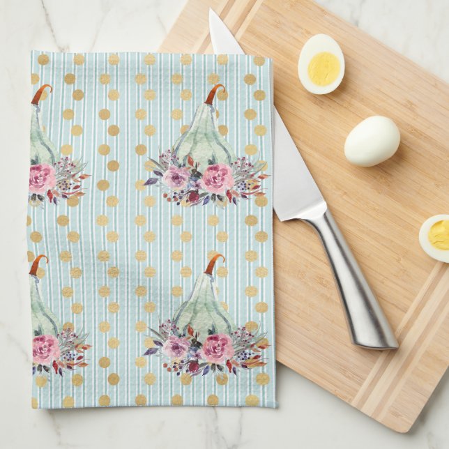 Pumpkin pastel fall floral teal gold dot pattern  tea towel (Quarter Fold)