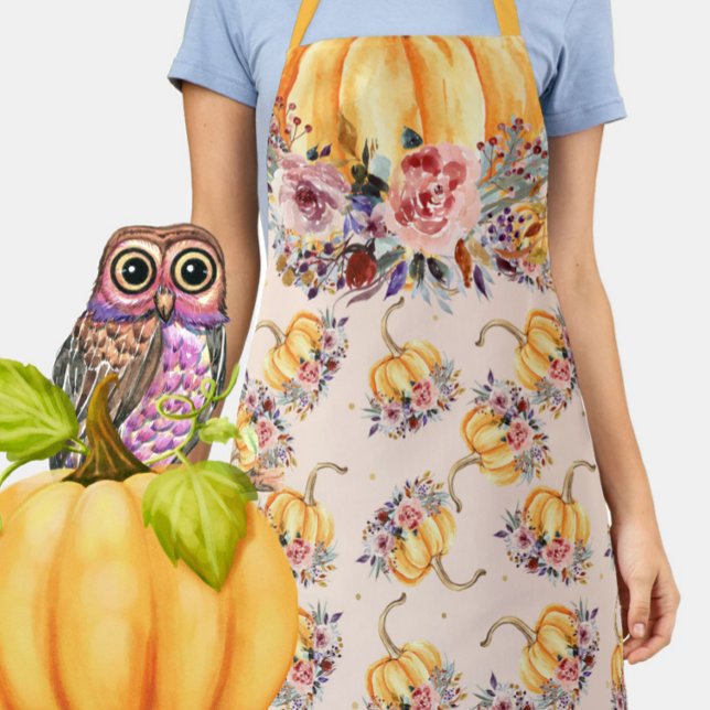 Pumpkin pastel peach gold polka dot floral fall apron (Creator Uploaded)