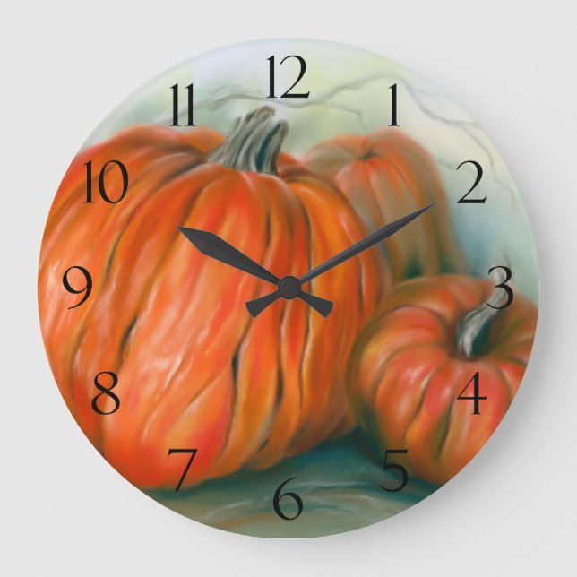 Pumpkin Patch Autumn Trio Pastel Art Large Clock (Front)