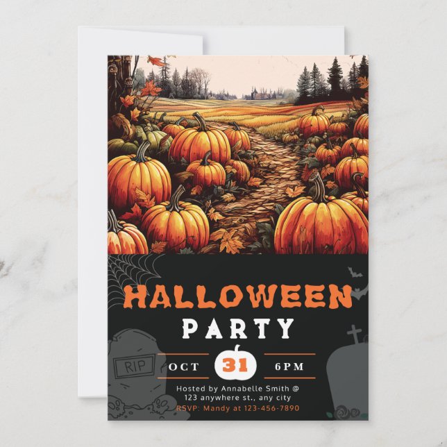 Pumpkin Patch Beautiful Autumn Black Halloween Invitation (Front)