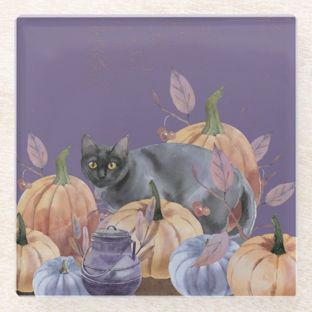 Pumpkin Patch Black Cat Glass Coaster (Front)