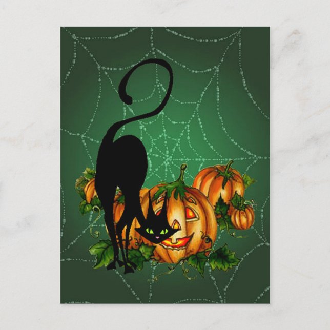PUMPKIN PATCH, BLACK CAT & WEB by SHARON SHARPE Postcard (Front)