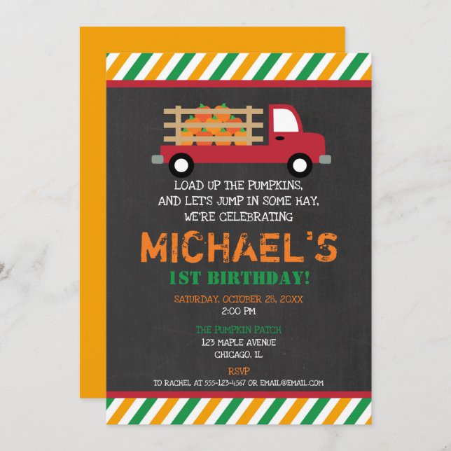 Pumpkin patch boy 1st first birthday cute fall invitation (Front/Back)