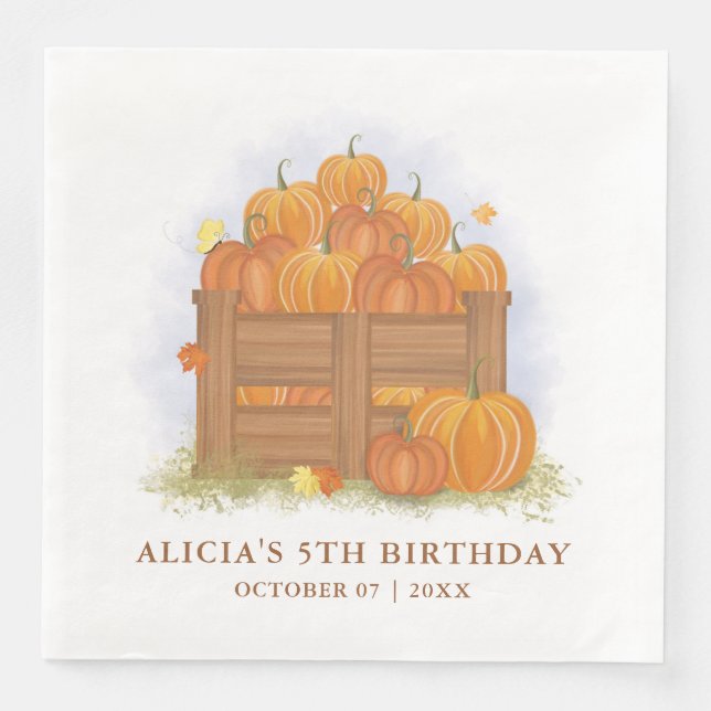 Pumpkin Patch Butterfly Fall Leaves Birthday Napkin (Front)