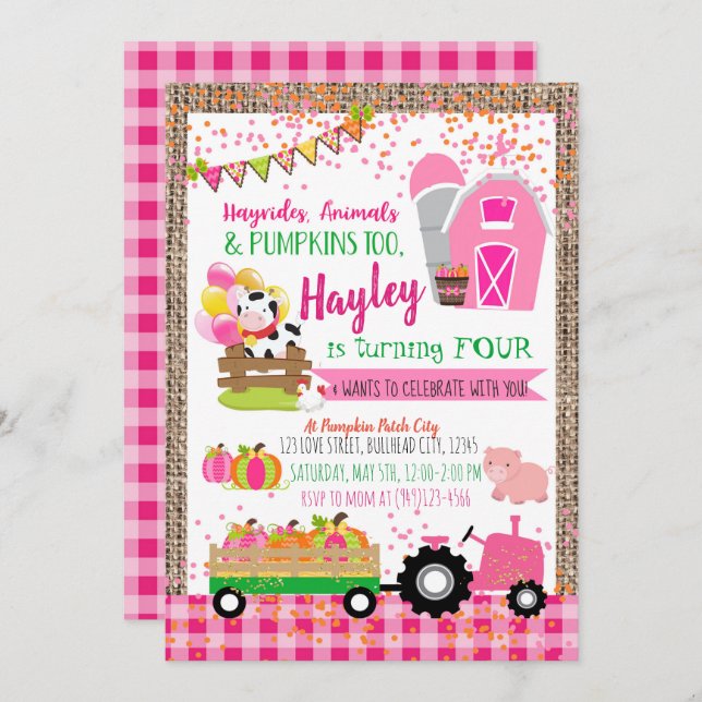 Pumpkin Patch Farmer Girls Pink Birthday Invitation (Front/Back)