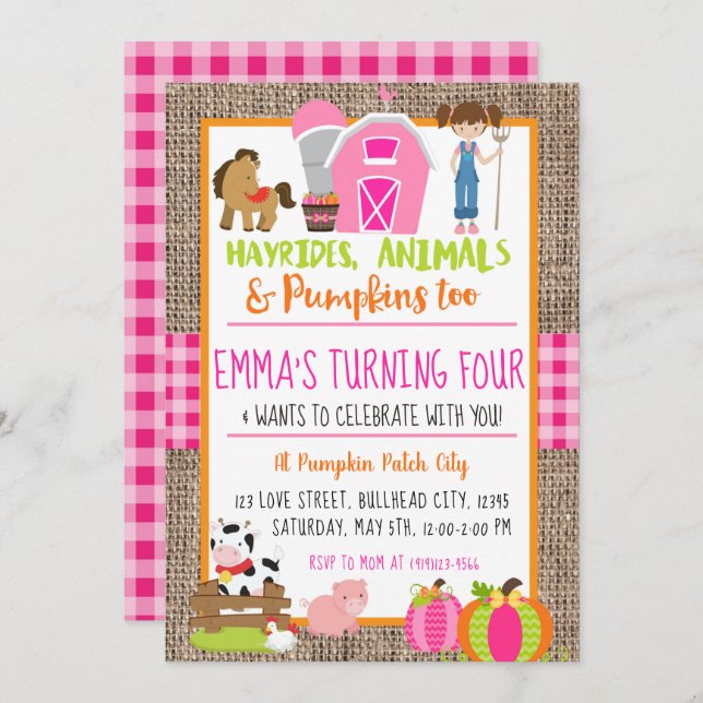 Pumpkin Patch Farmer Girl's Pink Gingham Birthday Invitation (Front/Back)