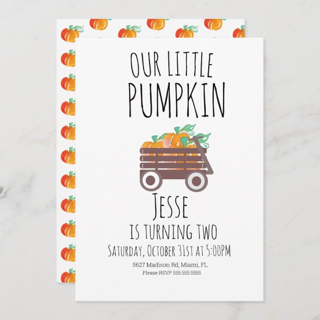 Pumpkin Patch Halloween Pumpkins Wagon Turning Two Invitation (Front/Back)