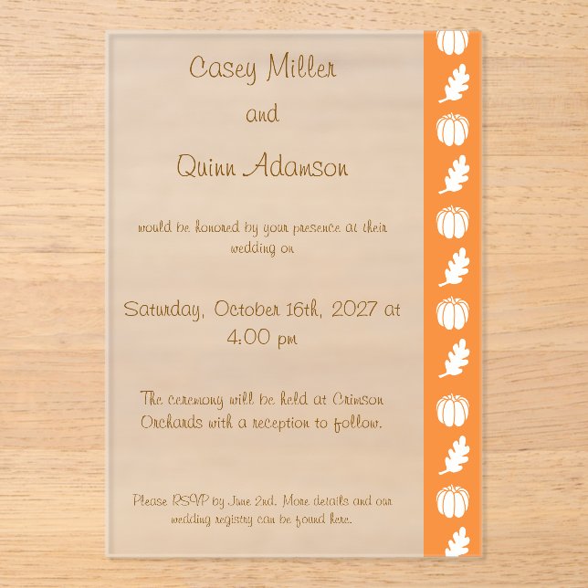 Pumpkin Patch in Orange Acrylic Wedding  Invitations (Front)