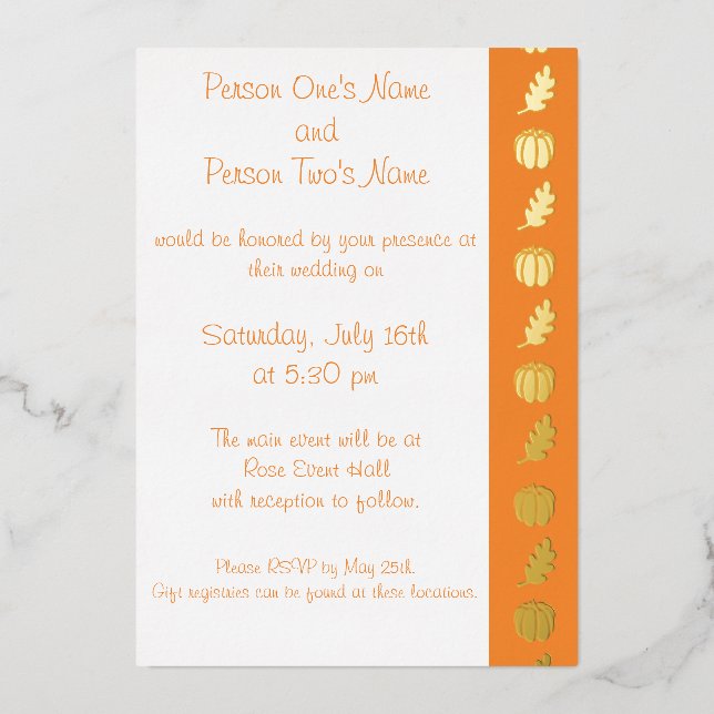 Pumpkin Patch in Orange Foil Invitation (Front)
