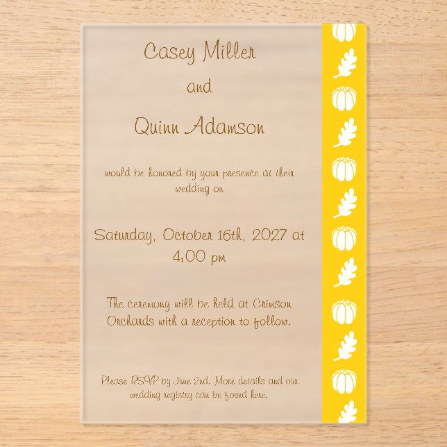 Pumpkin Patch in Yellow Acrylic Wedding  Invitations (Front)