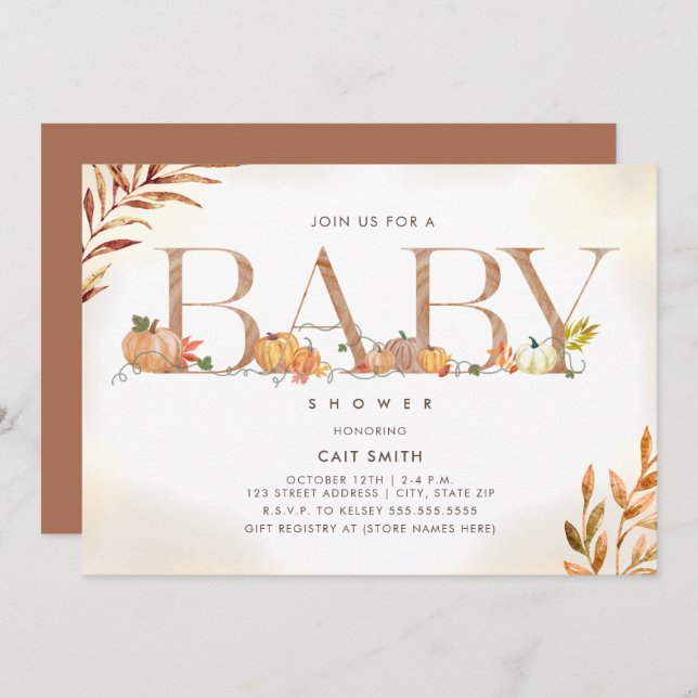 Pumpkin Patch Lettering Fall Autumn Baby Shower In Invitation (Front/Back)