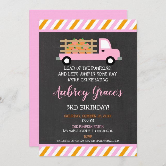 Pumpkin patch orange pink girl fall birthday invitation (Front/Back)