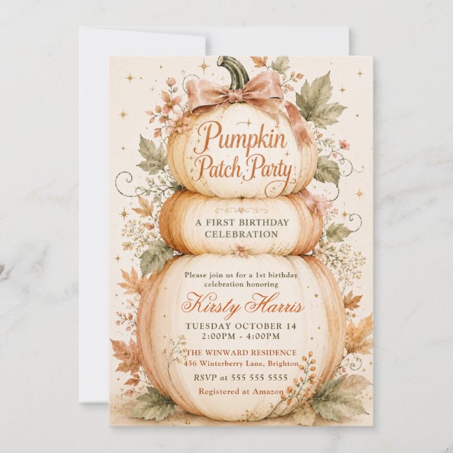 Pumpkin Patch Party 1st Birthday Celebration Invitation (Front)