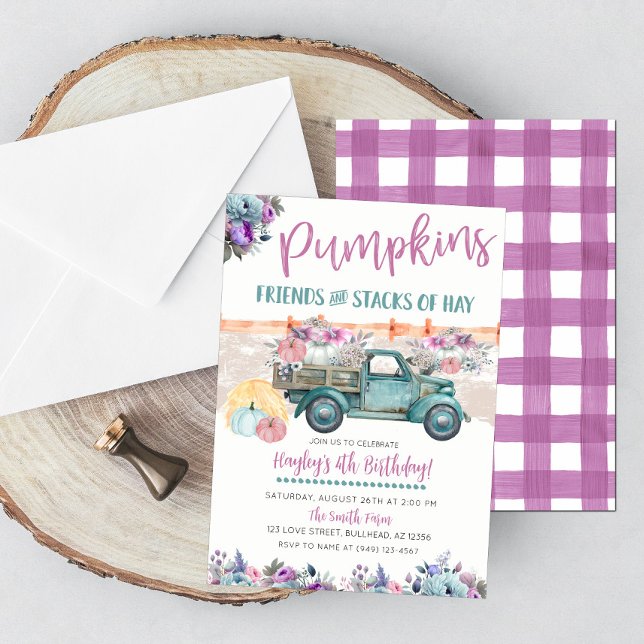 Pumpkin Patch Purple & Teal Vintage Truck Birthday Invitation (Creator Uploaded)