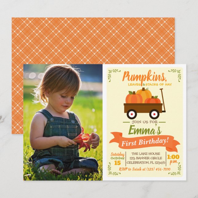 Pumpkin Patch Wagon Fall Photo Birthday Invitation (Front/Back)