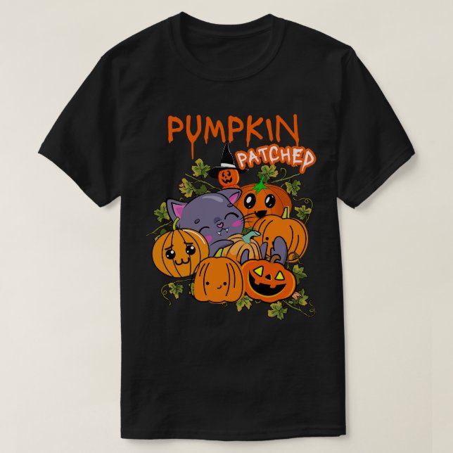 Pumpkin Patched Kawaii Orange Pumpkin Halloween Fe T-Shirt (Design Front)