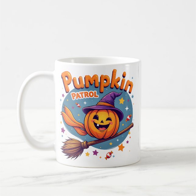 Pumpkin Patrol Witch Broom Halloween Mug (Left)