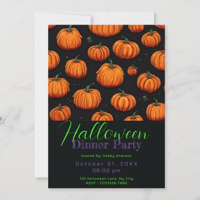Pumpkin Pattern Black Halloween Dinner Party Invitation (Front)