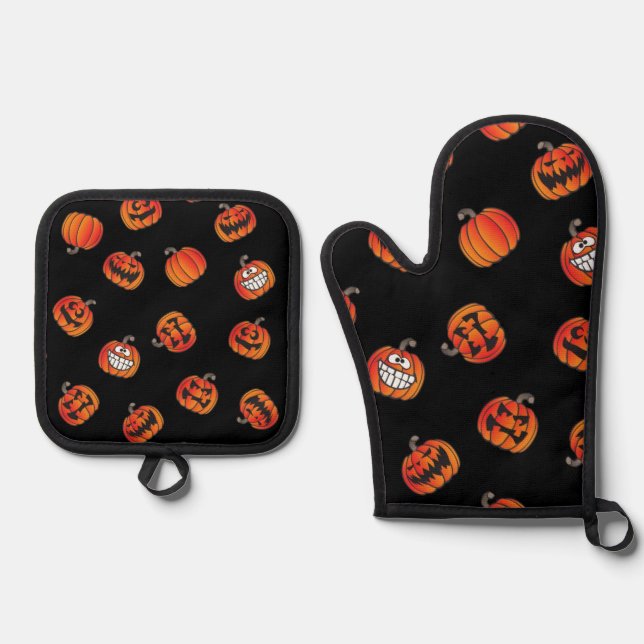 Pumpkin pattern oven mitt & pot holder set (Front)