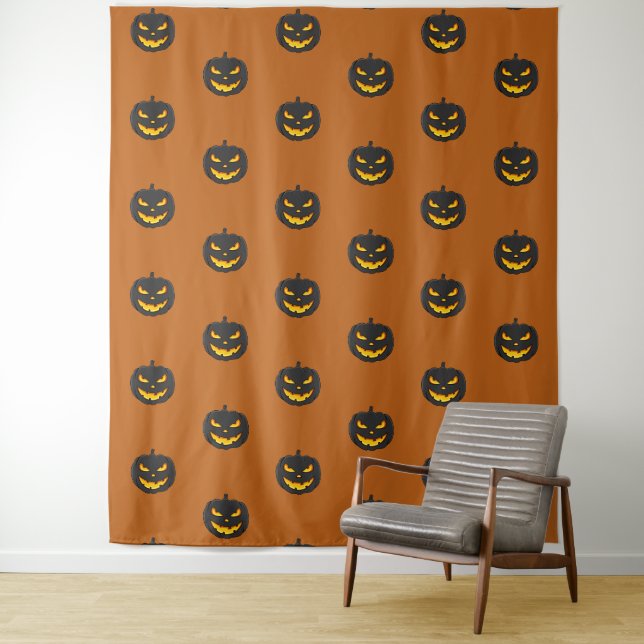 Pumpkin Pattern Scary Jack O Lantern Wall Tapestry (In Situ)