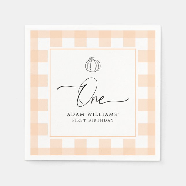 Pumpkin Peach Gingham First Birthday Paper Napkin (Front)