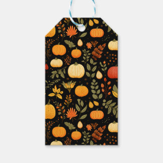 Pumpkin Pear Foliage Fall Harvest Pattern Black Gift Tags