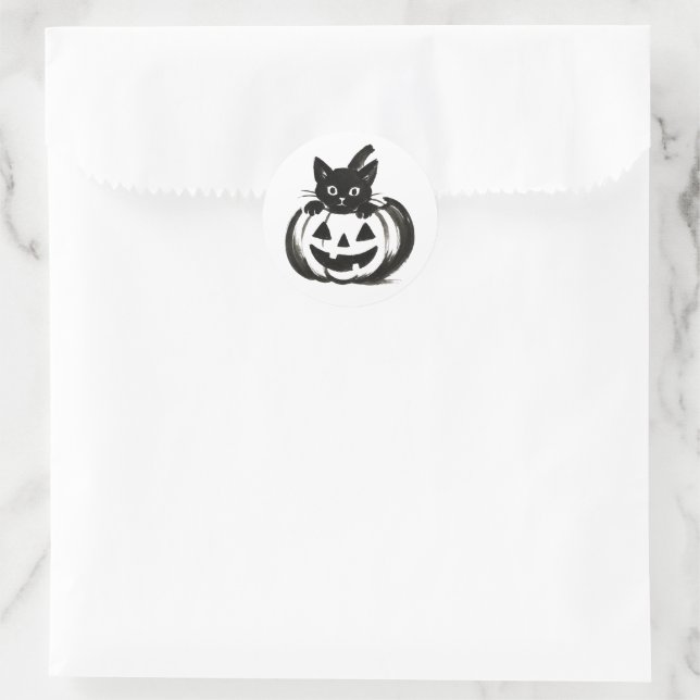 Pumpkin Peek – Black Cat Halloween Design on  Classic Round Sticker (Bag)