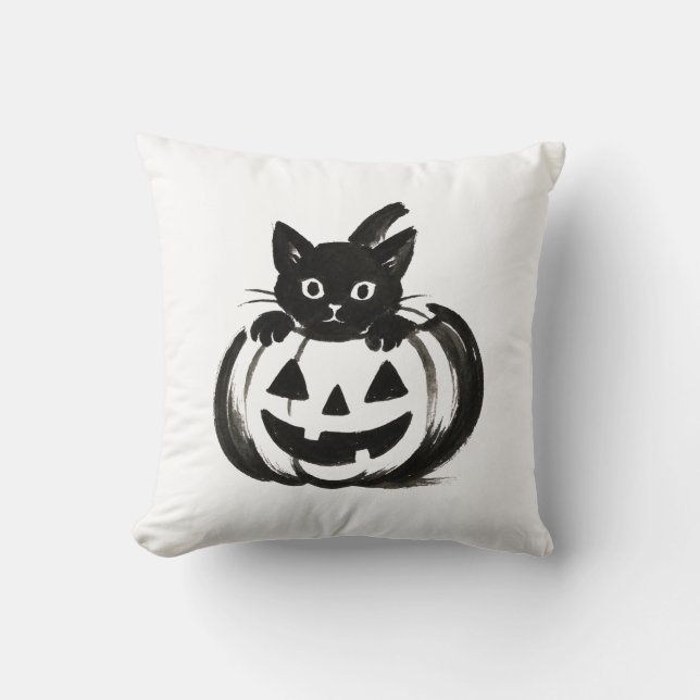 Pumpkin Peek – Black Cat Halloween Design on  Cushion (Front)