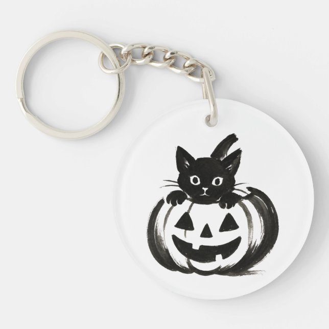 Pumpkin Peek – Black Cat Halloween Design on  Key Ring (Front)
