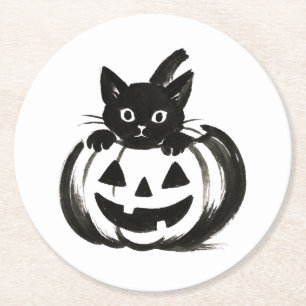 Pumpkin Peek – Black Cat Halloween Design on Round Paper Coaster