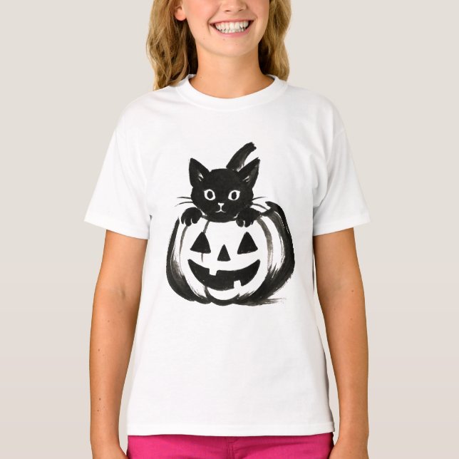 Pumpkin Peek – Black Cat Halloween Design on  T-Shirt (Front)