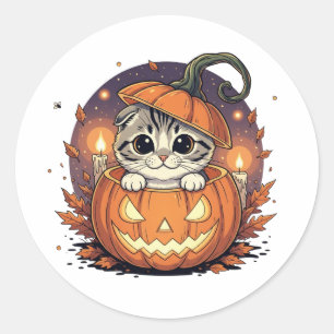Pumpkin Peek Fold – Cute Scottish Fold Halloween Classic Round Sticker