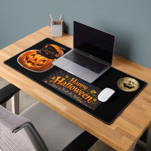 Pumpkin peeking kitty and moon whimsical Halloween Desk Mat