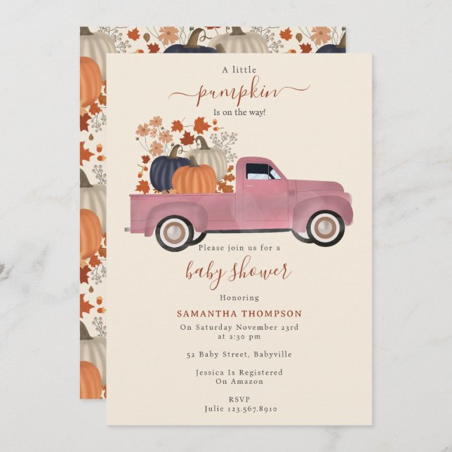 Pumpkin Pickup Truck Fall Autumn Baby Shower Girl Invitation (Front/Back)