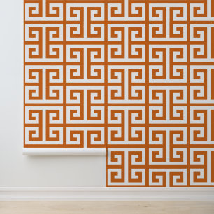 Pumpkin Pie Orange and White Large Greek Key Wallpaper