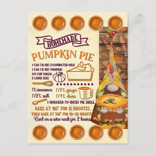 Pumpkin Pie Recipe Card Gnome | Postcard (Front)