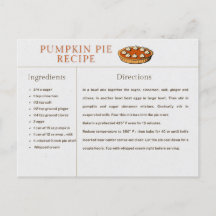 Pumpkin Pie Recipe Card Thanksgiving and Christmas
