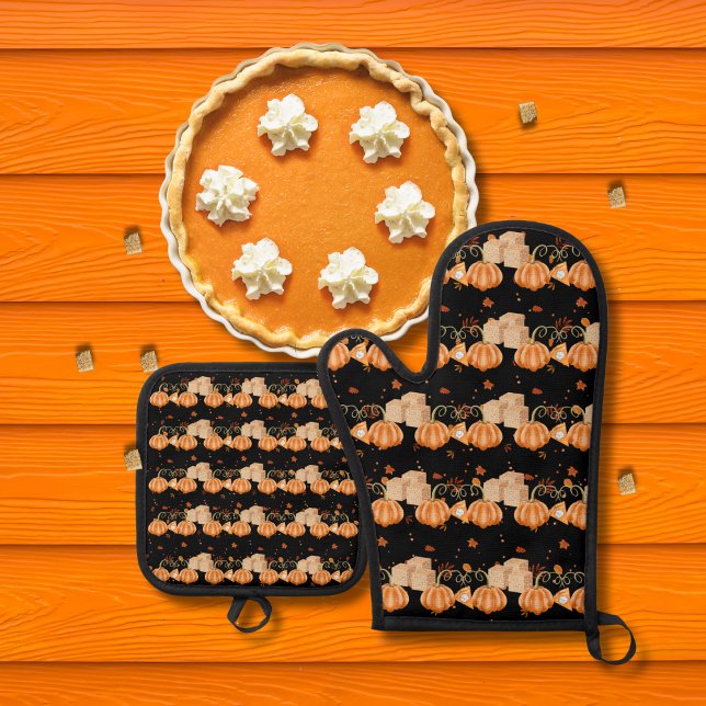 Pumpkin pies and brown sugar cubes black oven mitt & pot holder set (Creator Uploaded)