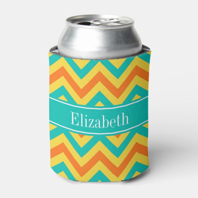 Pumpkin Pineapple Teal LG Chevron ZigZag Monogram Can Cooler (Can Front)