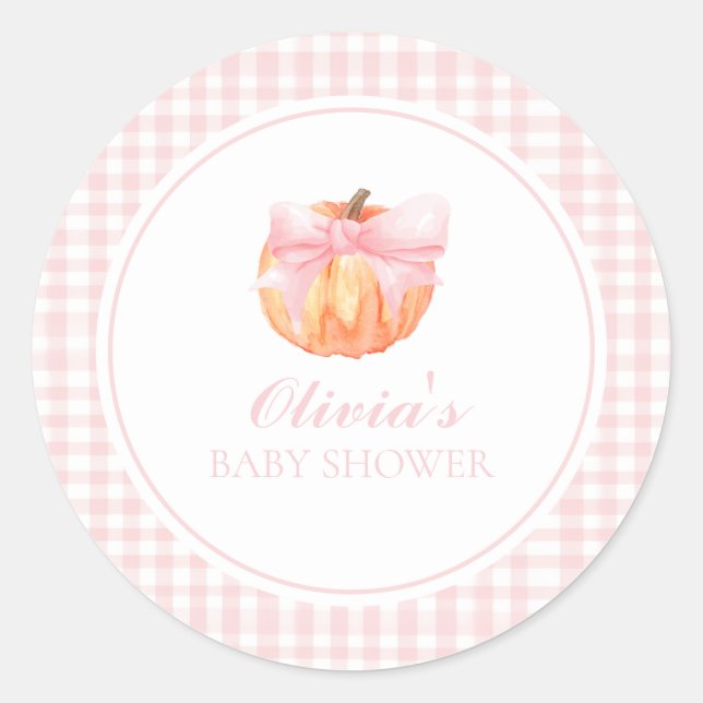 Pumpkin Pink bow and gingham baby shower Classic Round Sticker (Front)