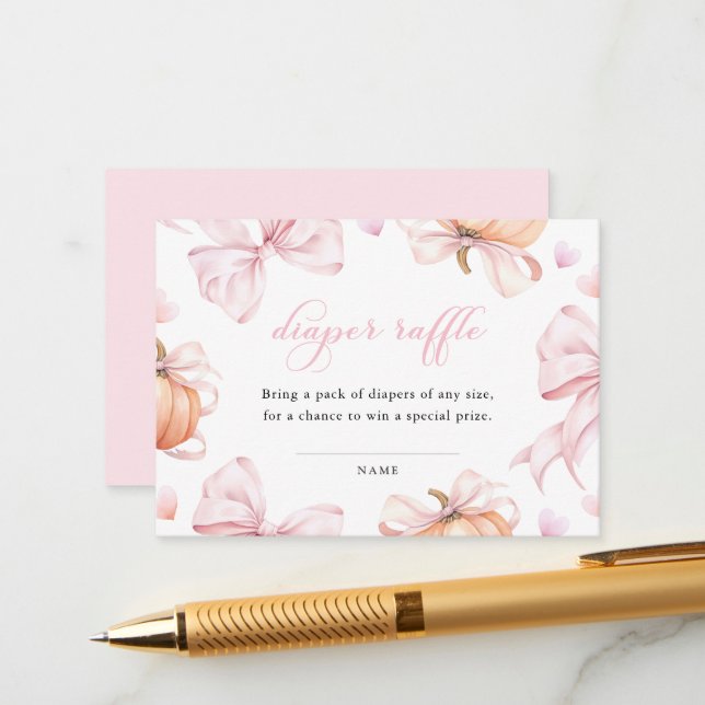 Pumpkin Pink Bow Baby Shower Diaper Raffle Enclosure Card (Front/Back In Situ)