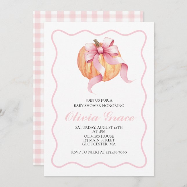 Pumpkin Pink bow Plaid baby shower Invitation (Front/Back)