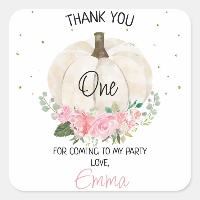 Pumpkin Pink Floral 1st Birthday Favor Sticker (Front)