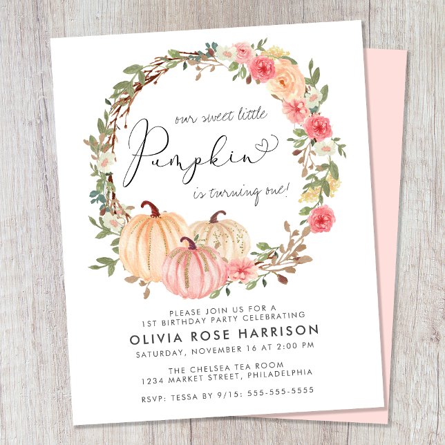 Pumpkin Pink Floral 1st Birthday Party Invitation (Creator Uploaded)