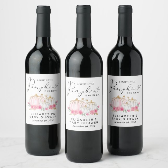 Pumpkin Pink Floral Baby Girl Shower Wine Label (Bottles)