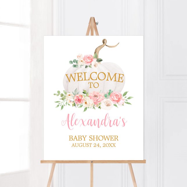 Pumpkin Pink Floral Baby Shower Welcome Poster (Girl Fall A Little Pumpkin Baby Shower Welcome Sign)