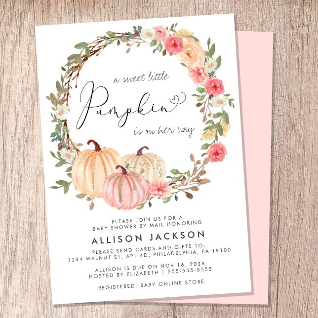 Pumpkin Pink Floral Girl Baby Shower By Mail Invitation (Celebrate the upcoming arrival of your sweet little autumn baby with a pumpkin baby shower by mail)