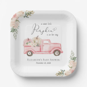 Pumpkin Pink Floral Truck Baby Girl Shower Paper Plate