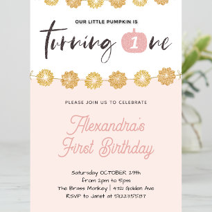 Pumpkin Pink Gold Floral Halloween 1st birthday Invitation