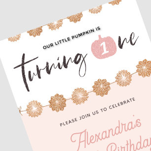 Pumpkin Pink Gold Floral Halloween 1st birthday Invitation
